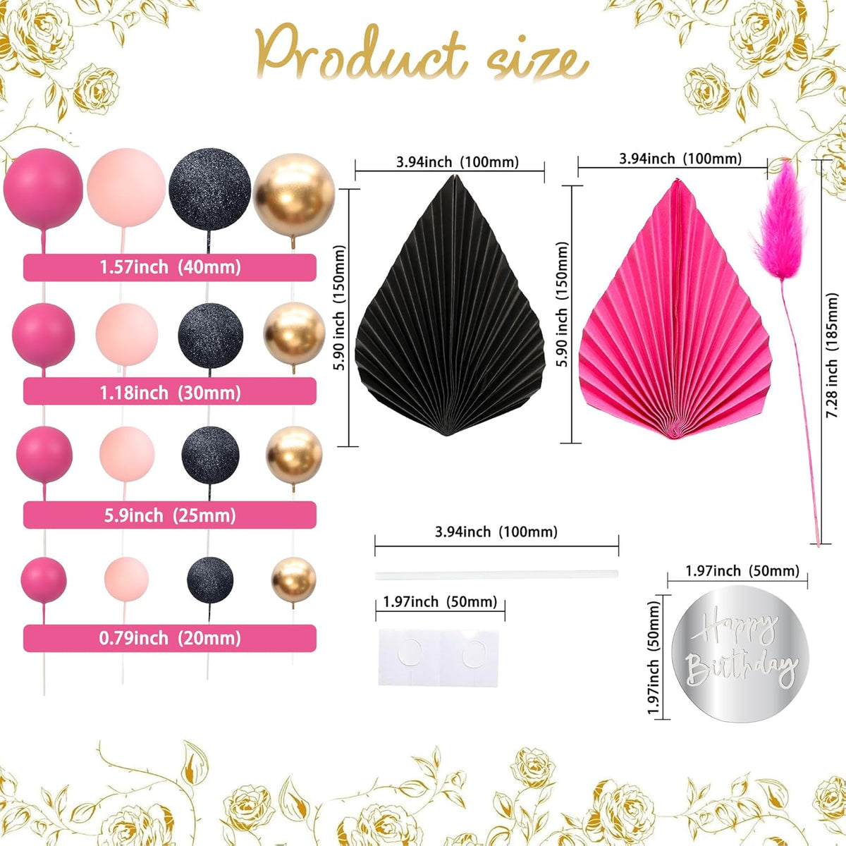 Ephlyn 33 Pack Balls Cake Toppers Boho Palm Leaves Cake Decorations Round Acrylic Happy Birthday