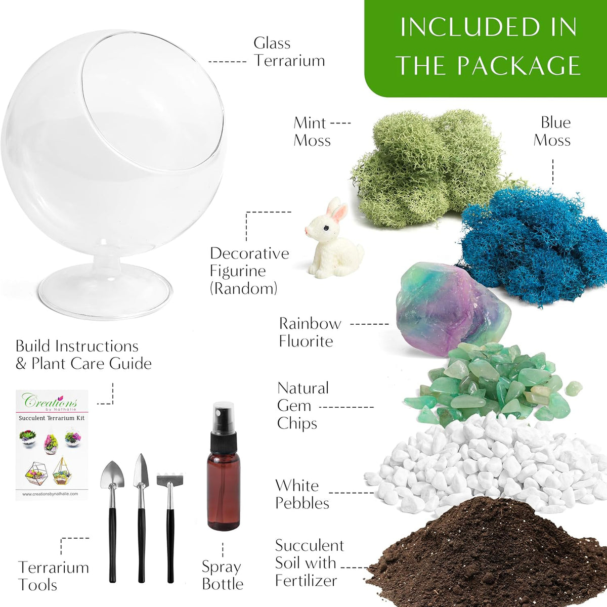DIY Glass Plant Terrarium Kit for Adults, Metal Stand, Reindeer Moss, Crystals, Rocks, Tools &