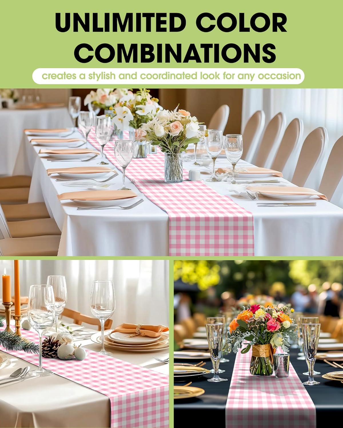 Pureegg Gingham Plastic Table Runners - 10 Pack, 14'' x 108'', Water Resistant & Disposable Plaid
