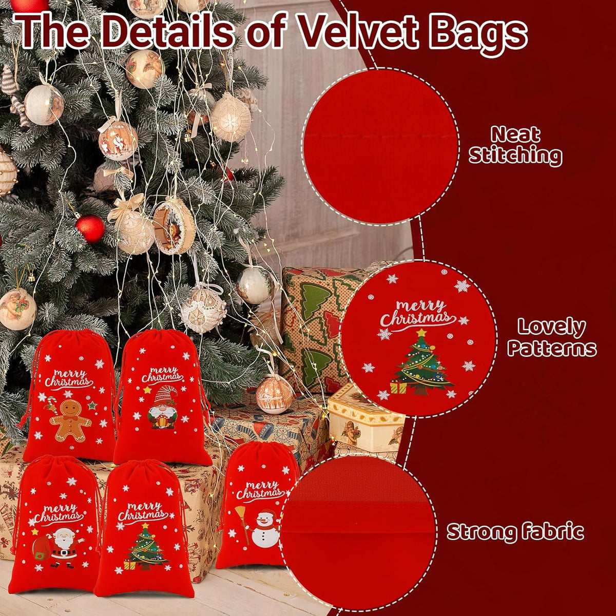 Tapleap Velvet Coth Christmas Bags with Drawstring, 50Pcs 4x6 for Wrapping Christmas Party Favors