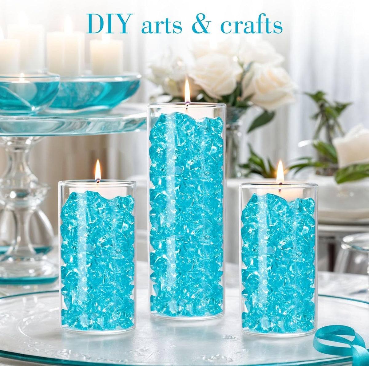 DomeStar Light Blue Fake Ice Rocks, 150PCS Acrylic Gems Crystals Plastic Diamonds Vase Centerpiece