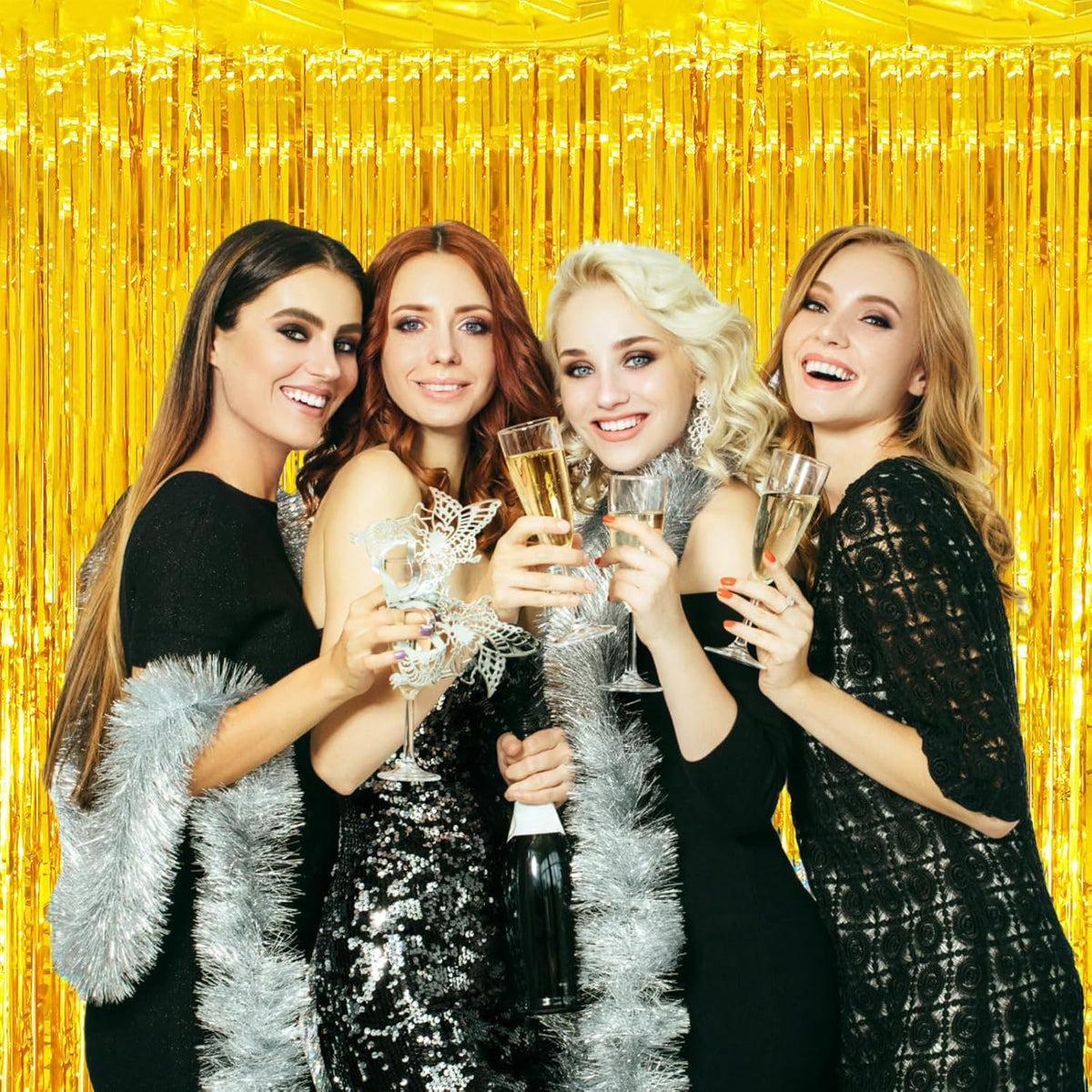 2 Pack Gold Tinsel Foil Fringe Curtains, Gold Party Decorations, Metallic Tinsel Party Streamers