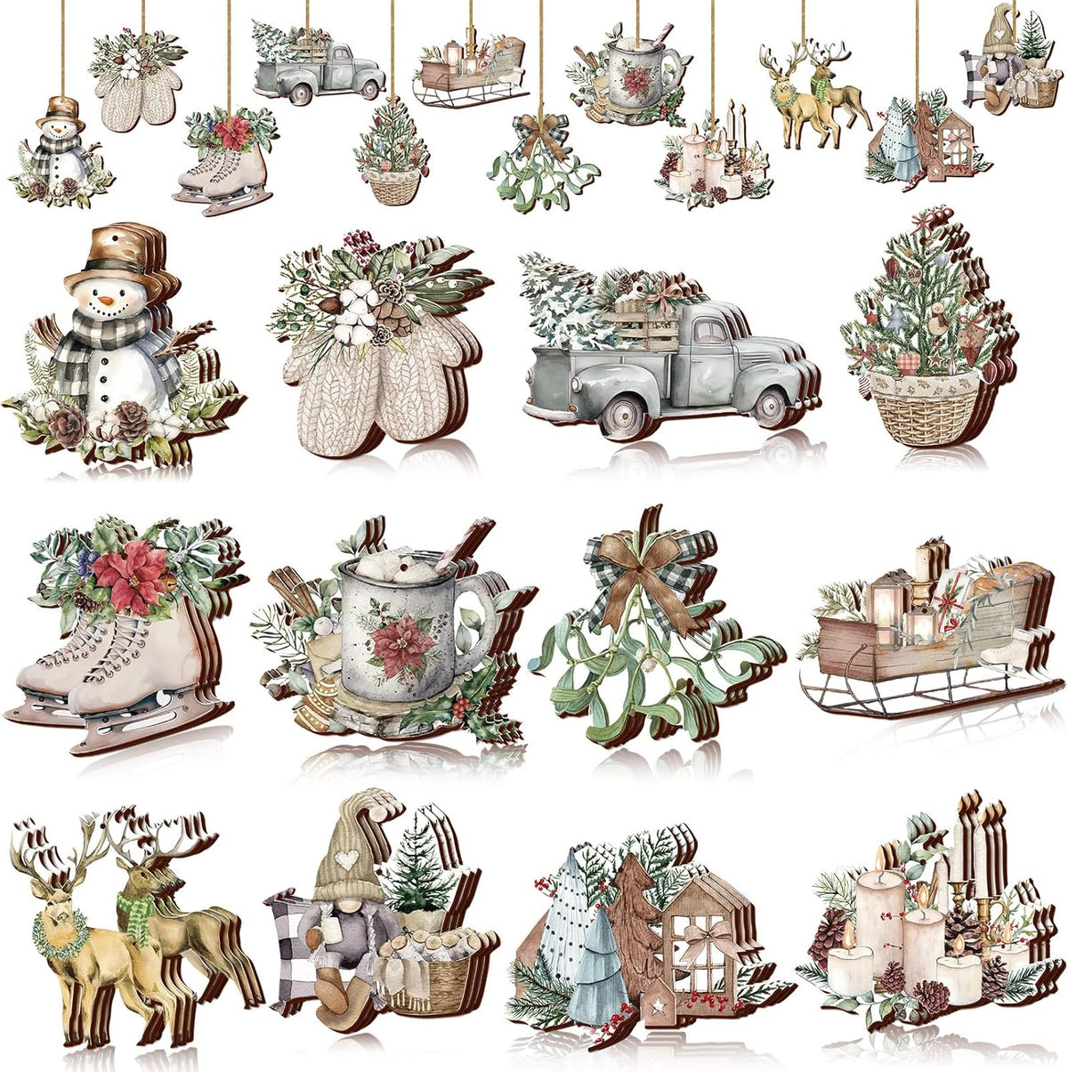 Suzile 36 Pcs Christmas Wooden Ornaments Vintage Christmas Tree Ornaments Xmas Decorations for Tree