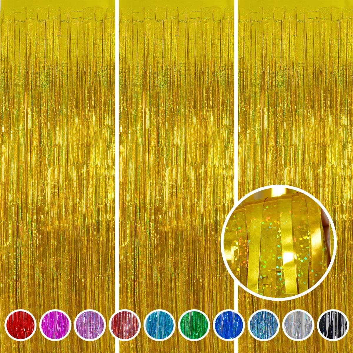 Foil Fringe Curtains Happy Retirement Decorations - Melsan 3 Pack 3.2 x 8.2 ft Gold Tinsel Curtain
