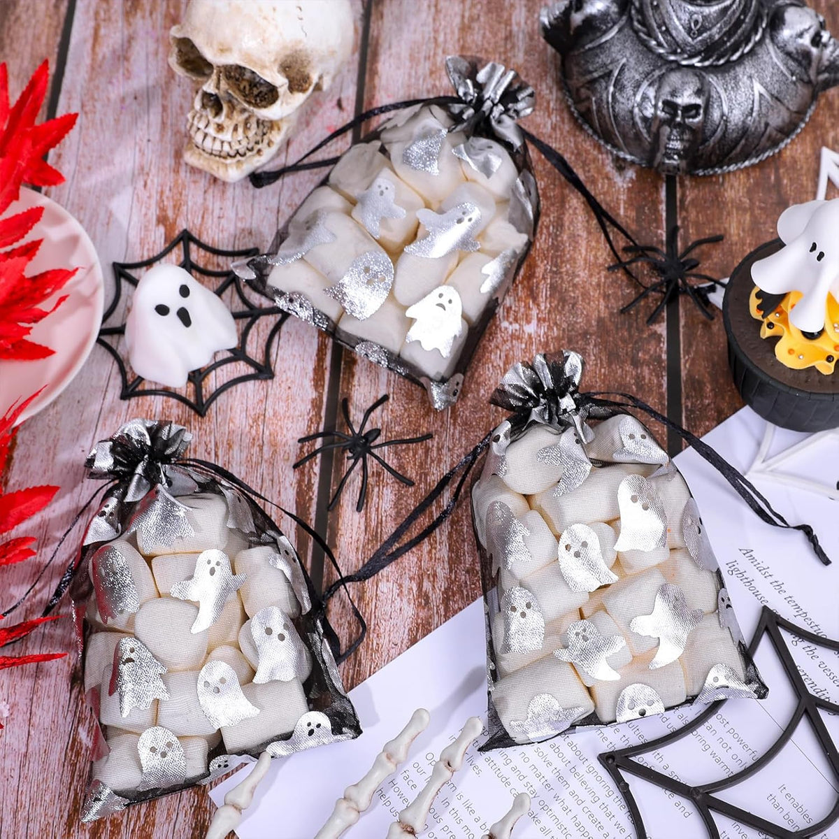 Whaline 100Pcs Halloween Organza Drawstring Bags Cute Foil Silver Ghost Jewelry Gift Bag 4''x6''