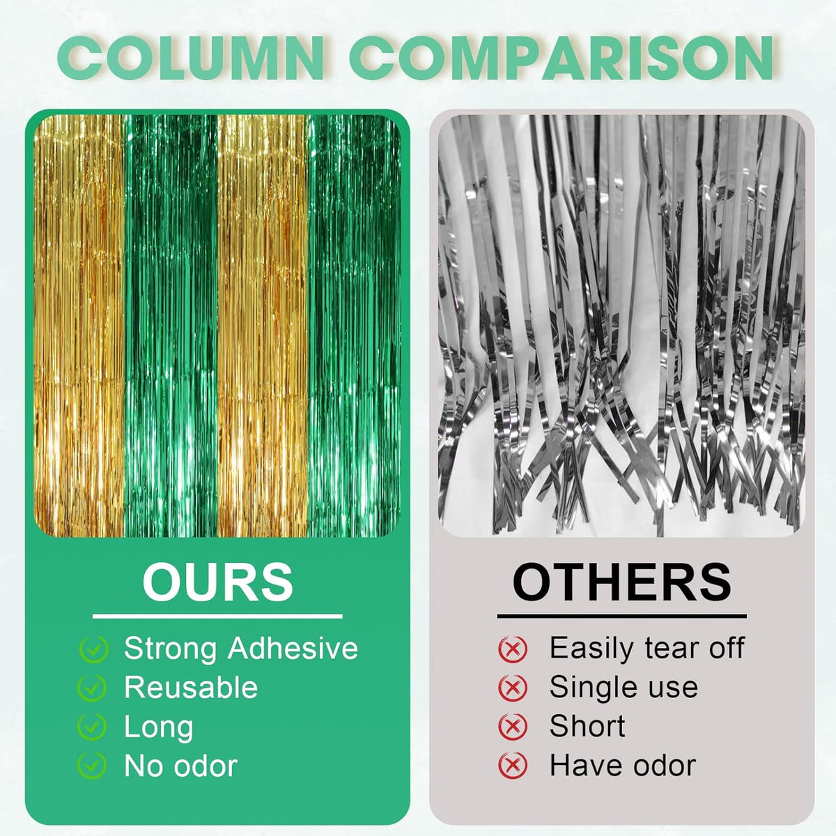 2 Pack Green and Gold Foil Fringe Backdrop Curtains, Tinsel Streamers Party Decorations, Fringe