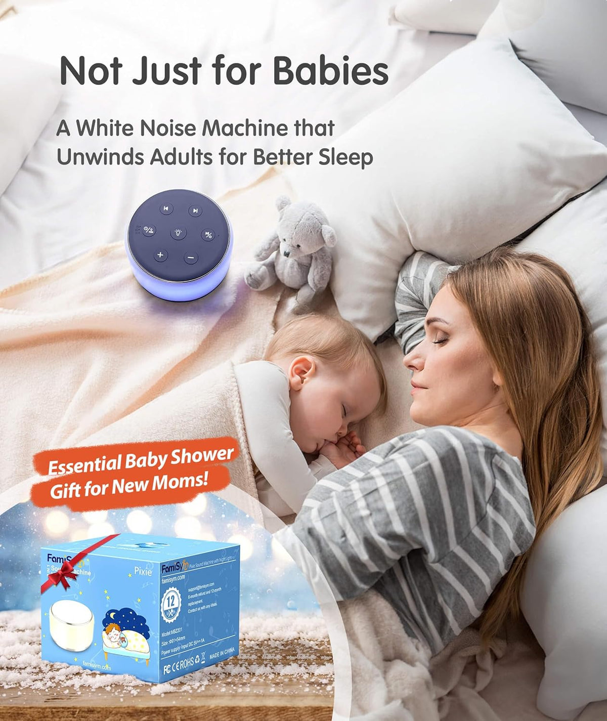FamiSym Sleep Sound Machine for Babies Kids Adults - Rechargeable White Noise Machine for Sleeping
