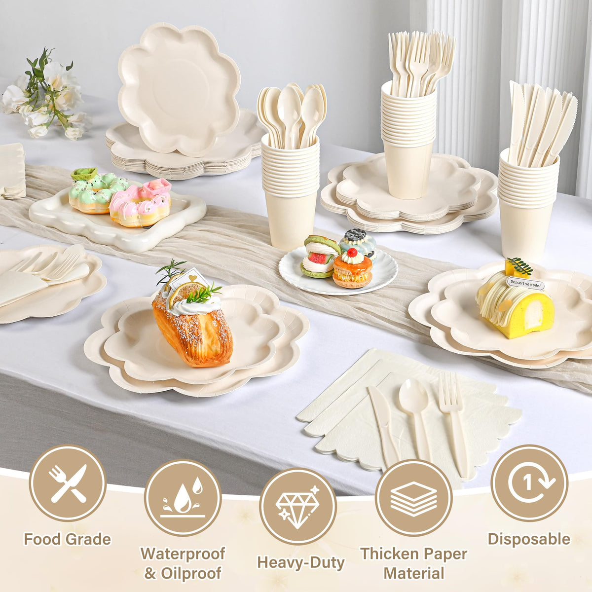 350 Pcs Party Plates and Cups and Napkins Ivory Scalloped Tableware Set