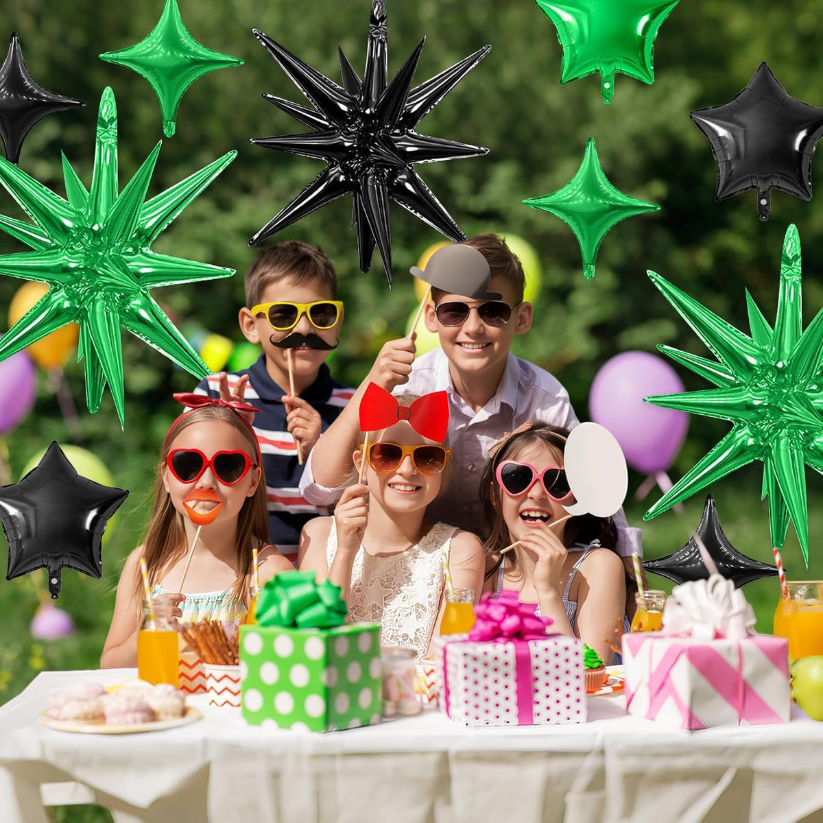 Black Green Star Balloon,16Pcs Star Foil Balloons Set with 22Inch Explosion Spike Cone Balloons and