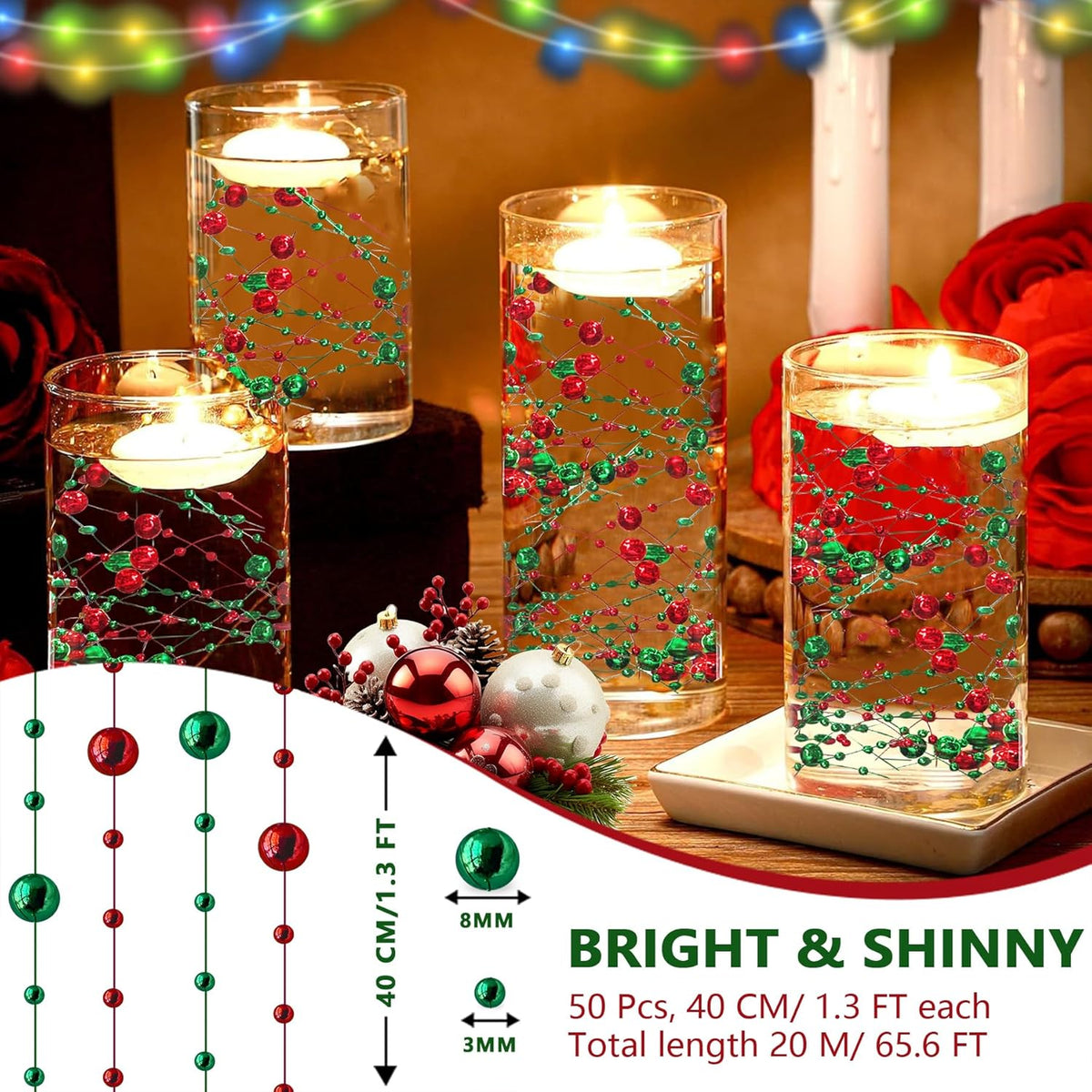 50 PCS Artificial Floating Beads for Centerpieces Vases, 8+3mm String Beads for Christmas Party