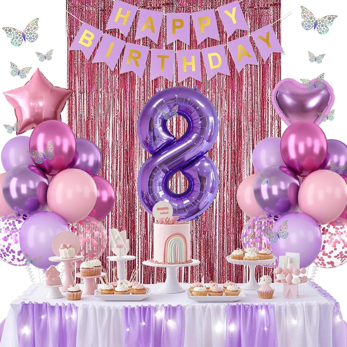 Pink Purple 8th Birthday Party Decorations for Girls Number 8 Balloon Happy Birthday Banner