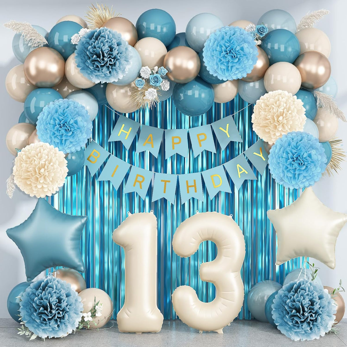 Dusty Blue 13th Birthday Party Decorations Boys Girls Beige Cream Number 13 Balloon with Blue Gold