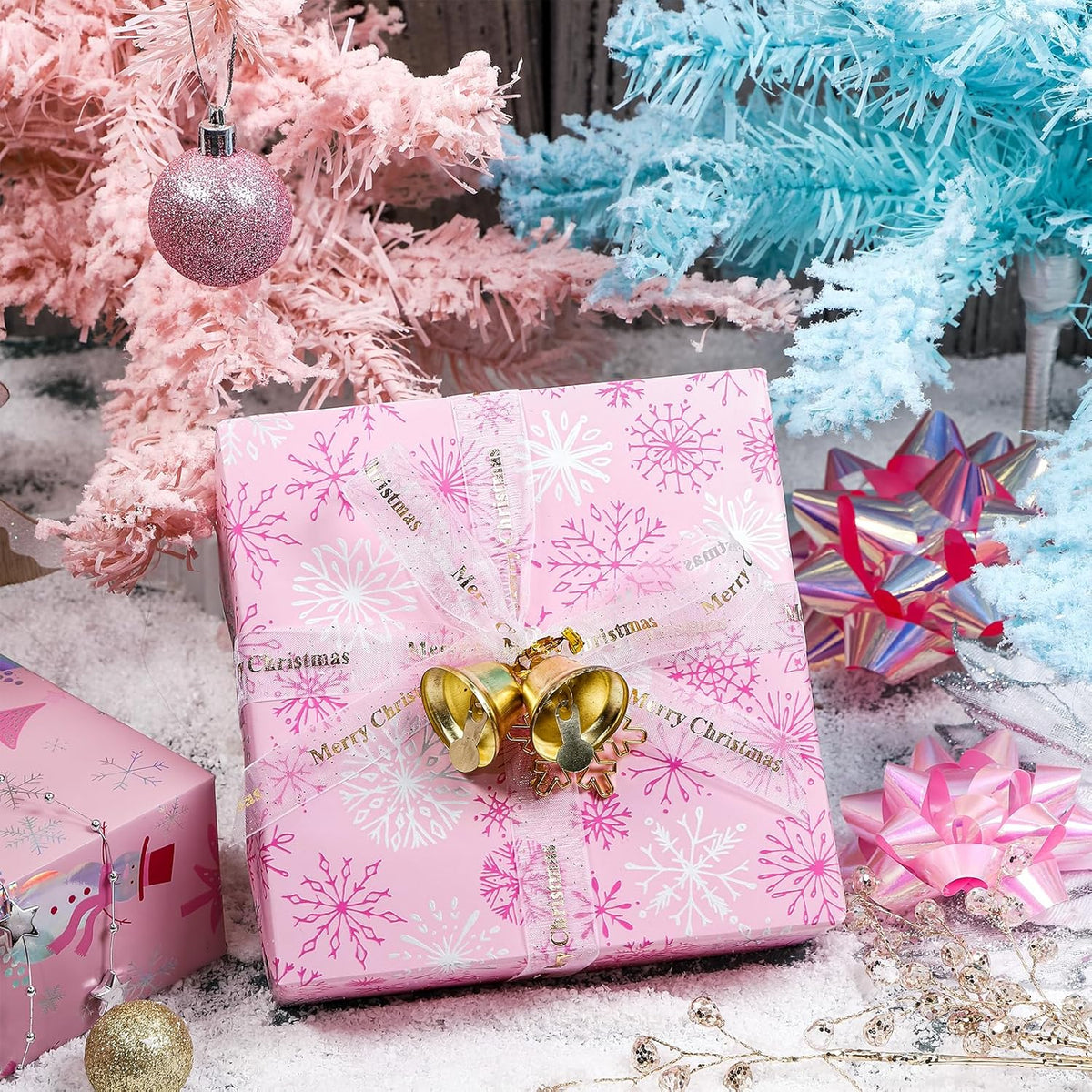 LeZakaa Christmas Pink Wrapping Paper Jumbo Roll, Snowman Christmas Tree & Snowflake Metallic Foil