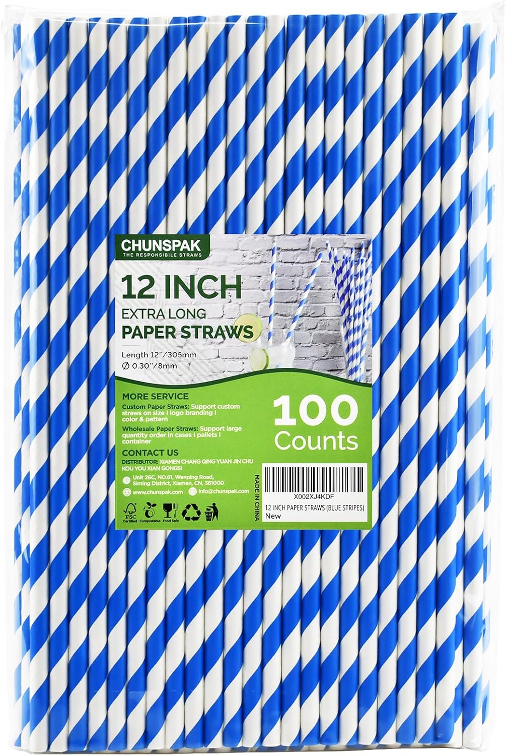 12 Inch Disposable Paper Drinking Straws Large and Tall, 8mm Wide - for Long Drinks, Smoothies