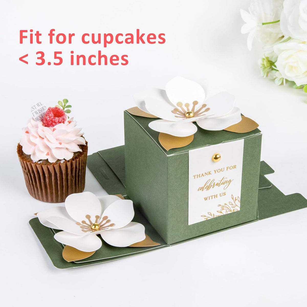 FEIYI 20 PCS Gift Boxes, 3 In 1 Olive Green Favor Boxes with Floral Decor, White Thank You Tags