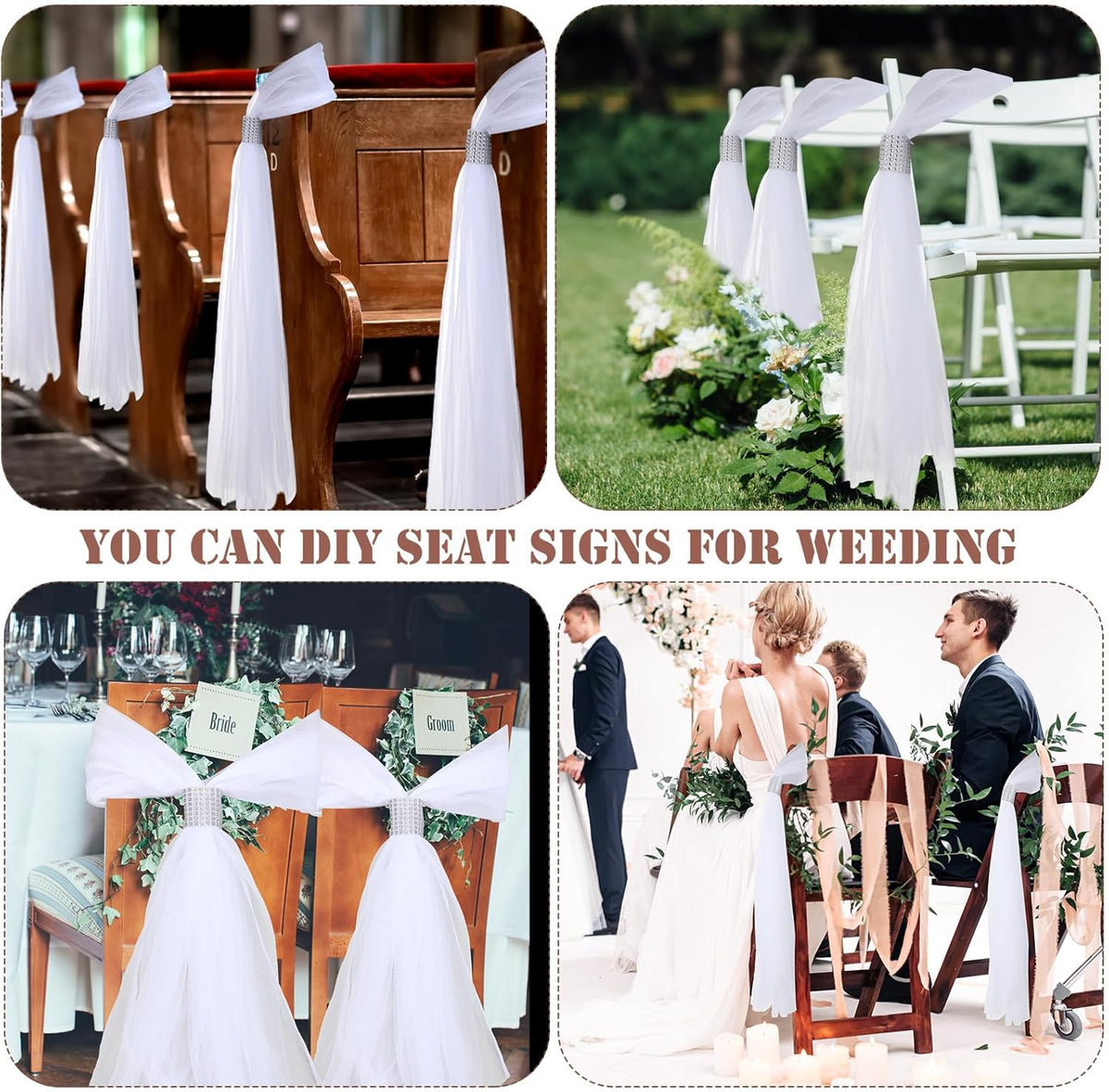36 Set Wedding Aisle Chair Decorations 31.5 Inch Pew Bows with Long Tulle Tails and Rhinestone wrap