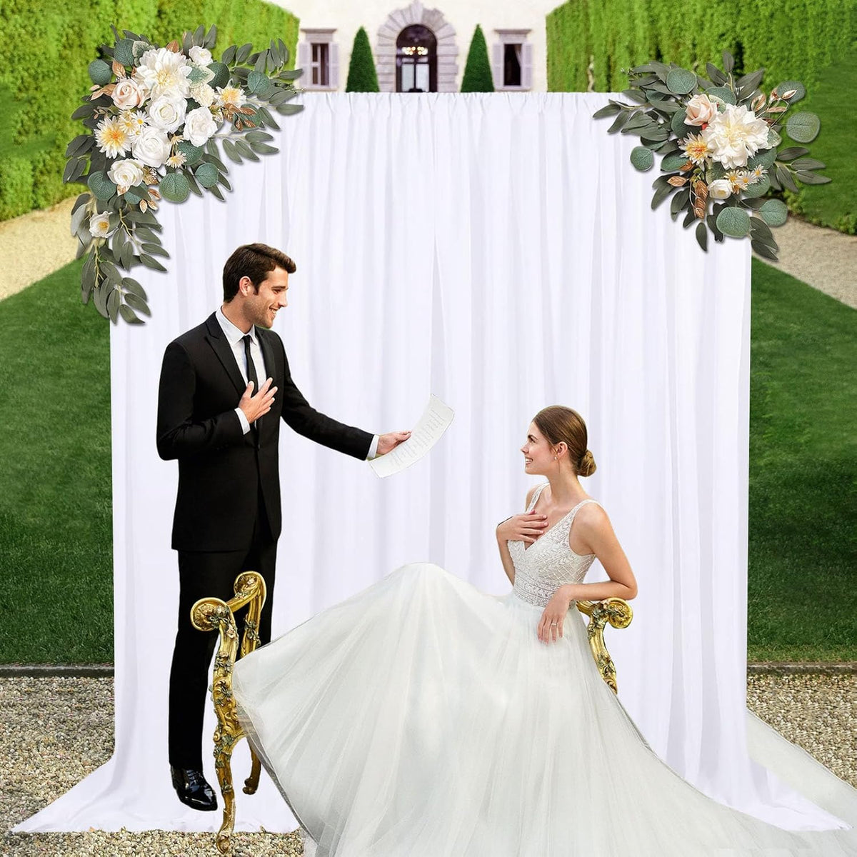 10ft x 10ft White Backdrop Curtains for Parties, Fabric Satin Background Curtain with Rod Pockets