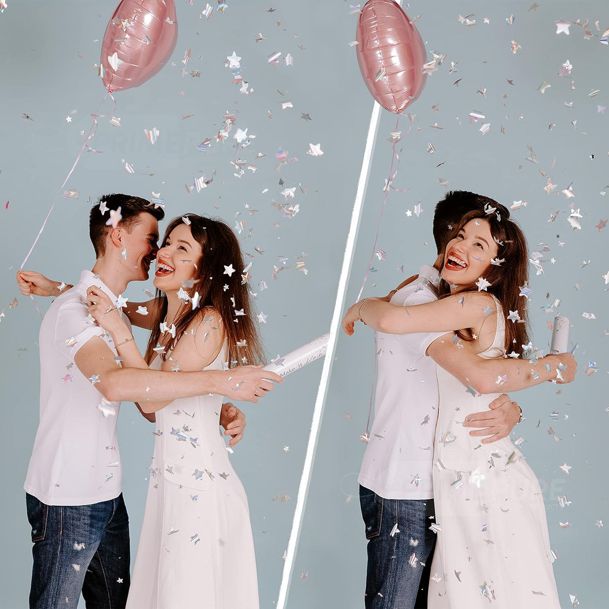 PrimePure Confetti Cannon Party Poppers - Holographic Silver Stars Confetti Popper & Streamer - 6