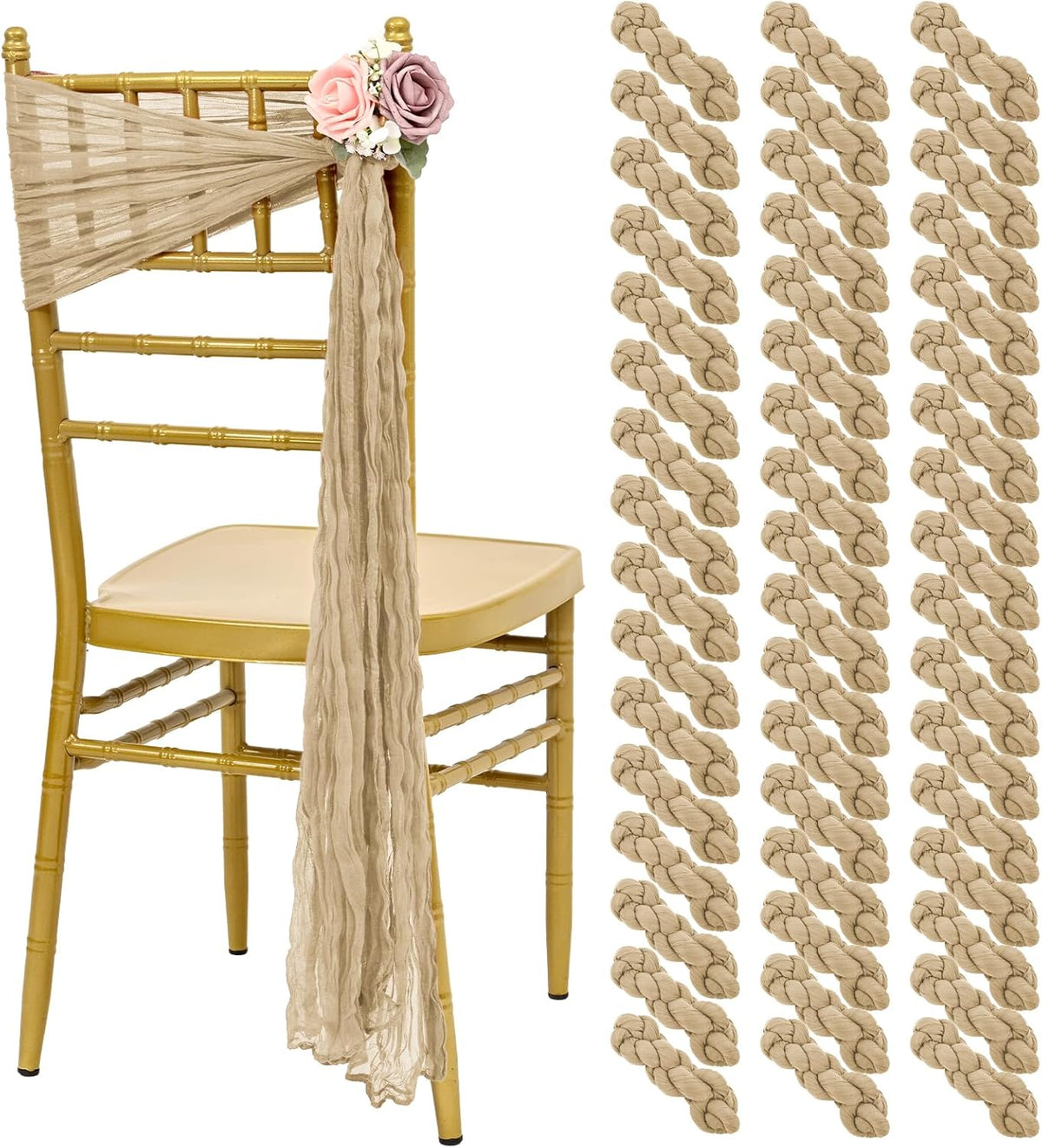 50 PCS Cheesecloth Chair Sashes, Bows Designed ChairSashes, 15.7x108 inch Chair Sashes for Aisle