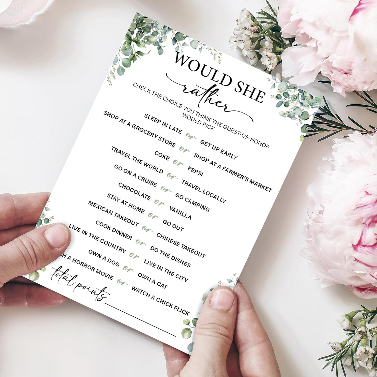 Eucalyptus Bridal Shower Game Cards - Would She Rather, Wedding Engagement Bachelorette Party