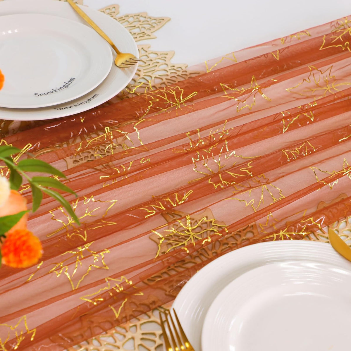 Snowkingdom Terracotta Gold Table Runner 10Ft, Gold Maple Leaves Burnt Orange Gauze Chiffon Runners