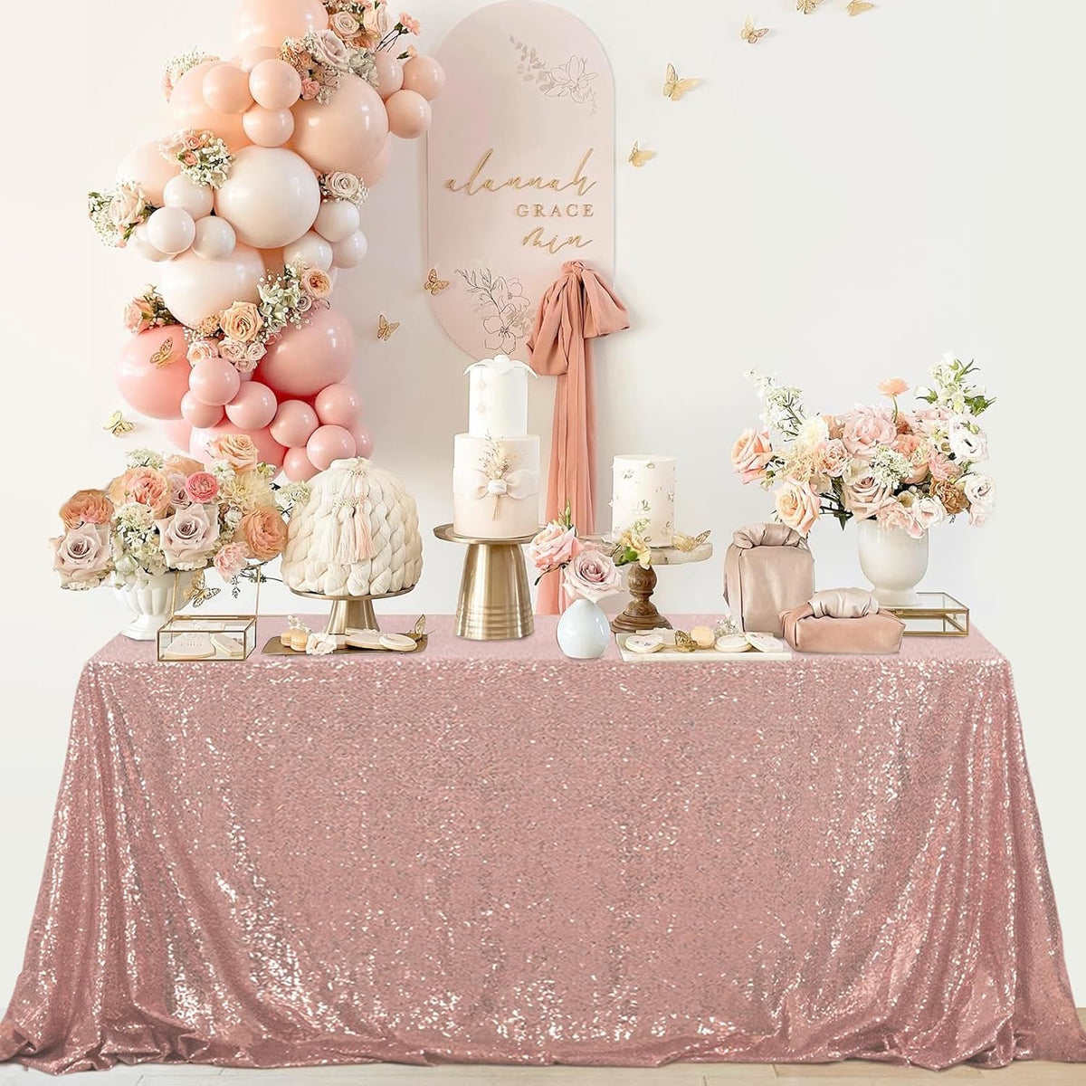 OQSQ Rosegold Sequin Tablecloth 50x80 inch, Glitter Drape Table Cloth, Sparkle Sequence Table