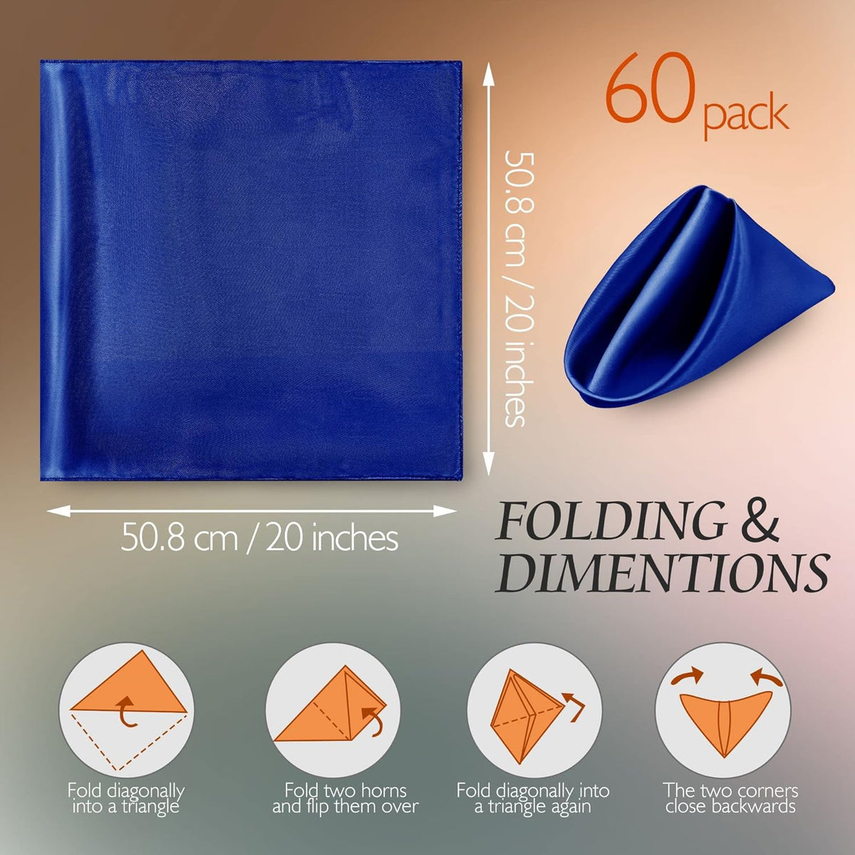 Manyshofu 60 Pieces Royal Blue Satin Napkins - 20x20 Inches Cloth Napkins, Square Satin Fabric