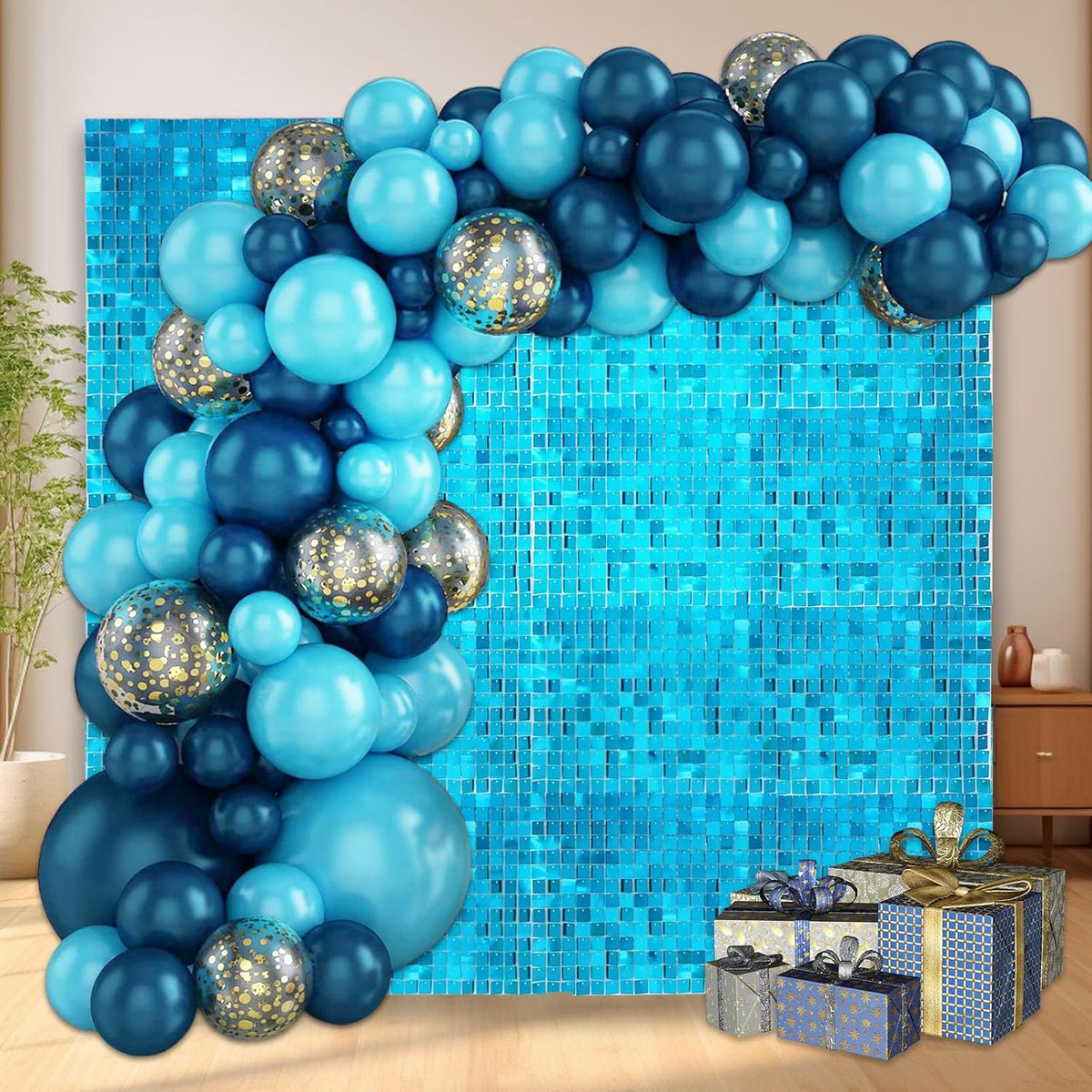 12PCS Lake Blue Shimmer Wall Backdrop, Square Sequin Photo Backdrops Panel, Glitter Wall Background