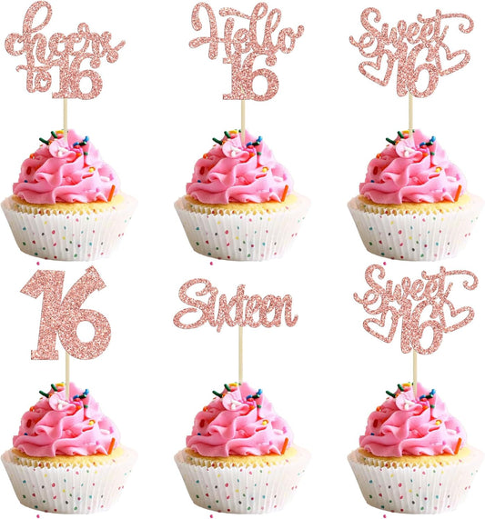 30pcs 16th Birthday Cupcake Toppers - Sixteen Happy Cupcake Picks, Cheers to Sweet 16 Cake