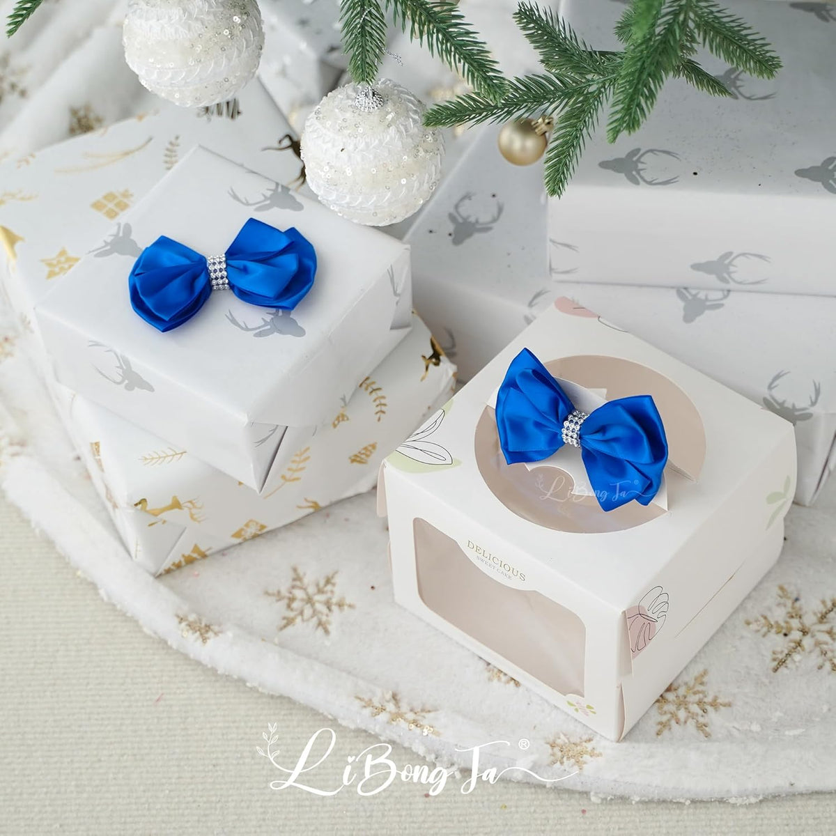 Royal Satin Bows 4'' Premade Blue Ribbon Bow, Gift Bows with Rhinestone, Wrapping Bows for