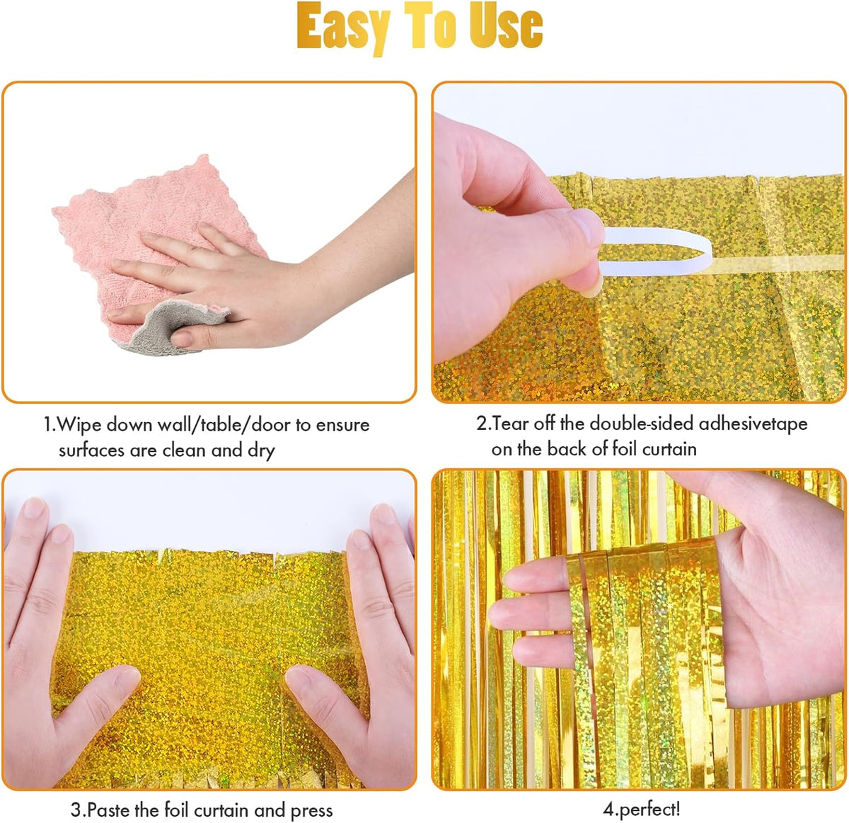 CANREVEL 2 Pack 3.3x8.2 Feet Laser Gold Foil Fringe Backdrop Curtains, Tinsel Streamers Birthday