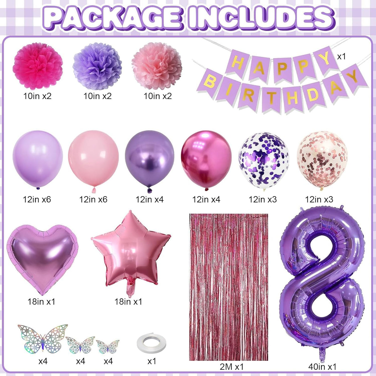 Pink Purple 8th Birthday Party Decorations for Girls Number 8 Balloon Happy Birthday Banner