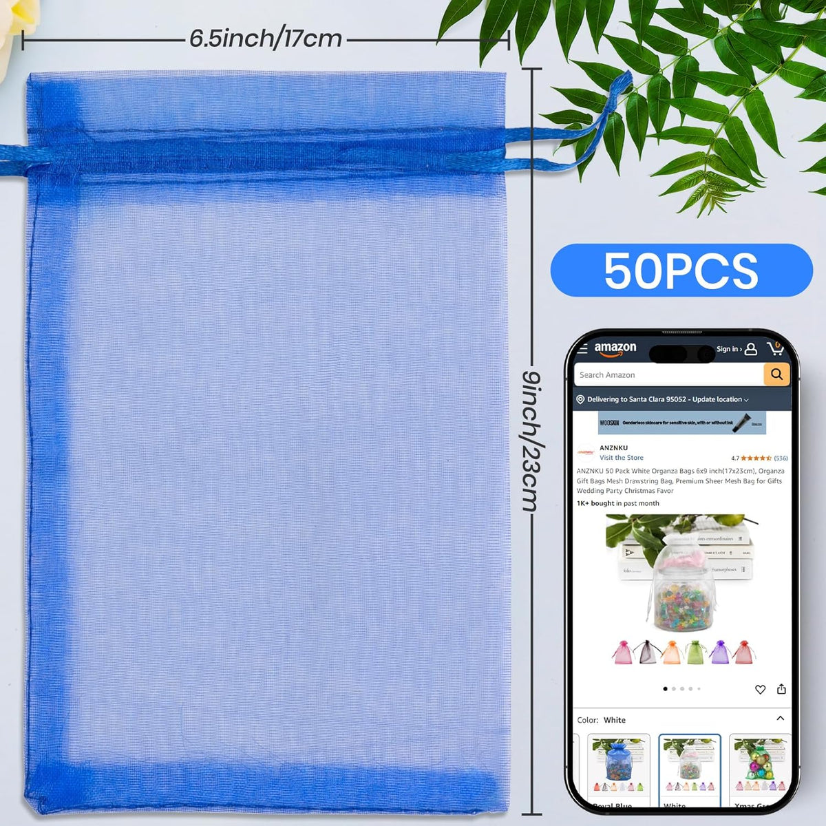 ANZNKU 50 Pack Organza Bags 6x9 Inch, Mesh Bag Drawstring Jewelry Pouches, Large Organza Gift Bags