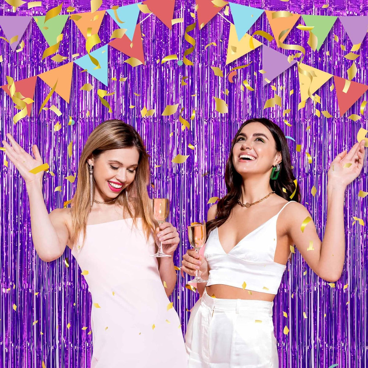 3 Pack Purple Foil Fringe Curtains Backdrop, 3.28 x 9.8 Ft Metallic Streamers Tinsel Curtains