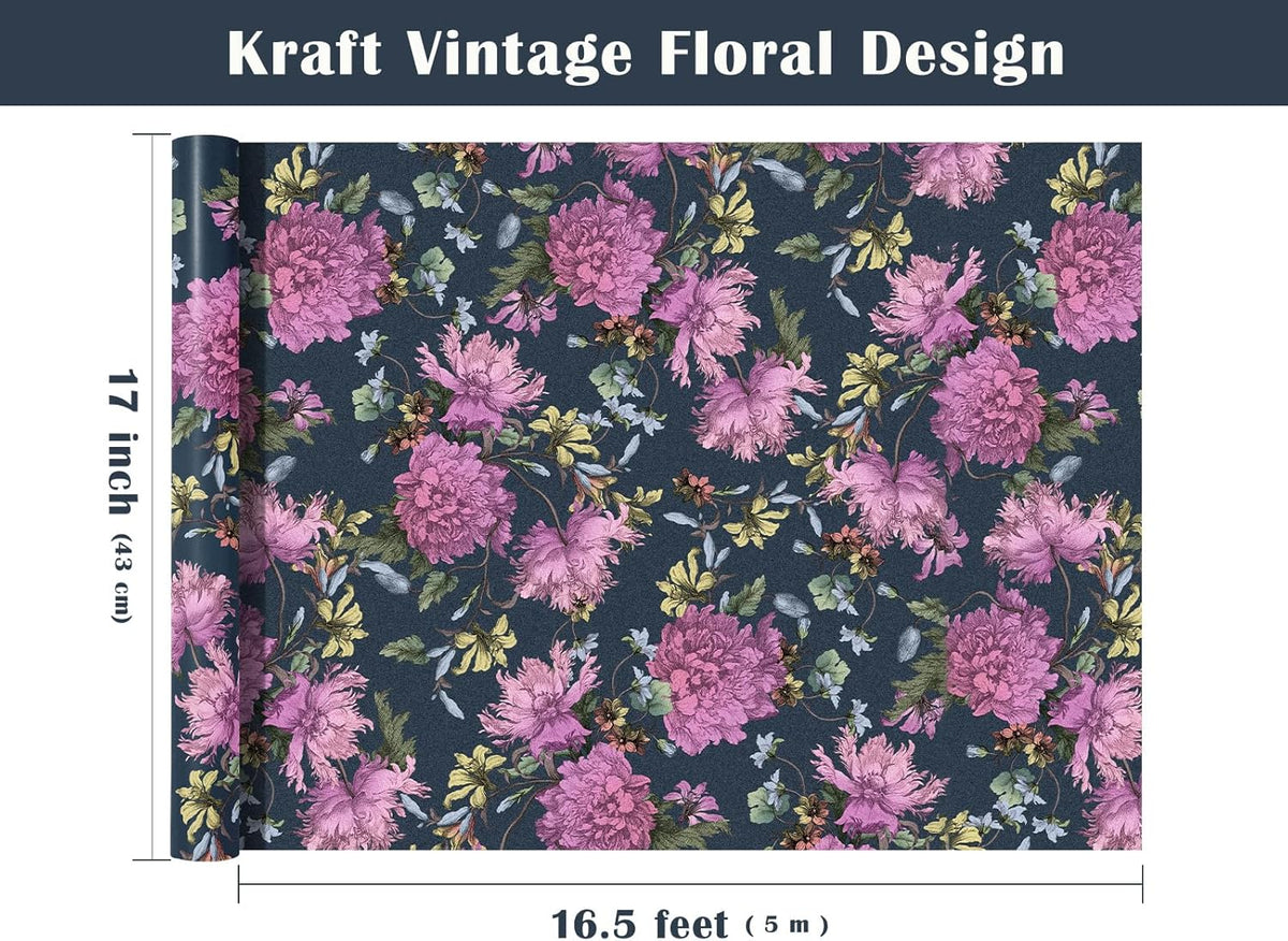 WRAPAHOLIC Kraft Floral Wrapping Paper Roll - Mini Roll - 17 Inch x 16.5 Feet - Vintage Flower