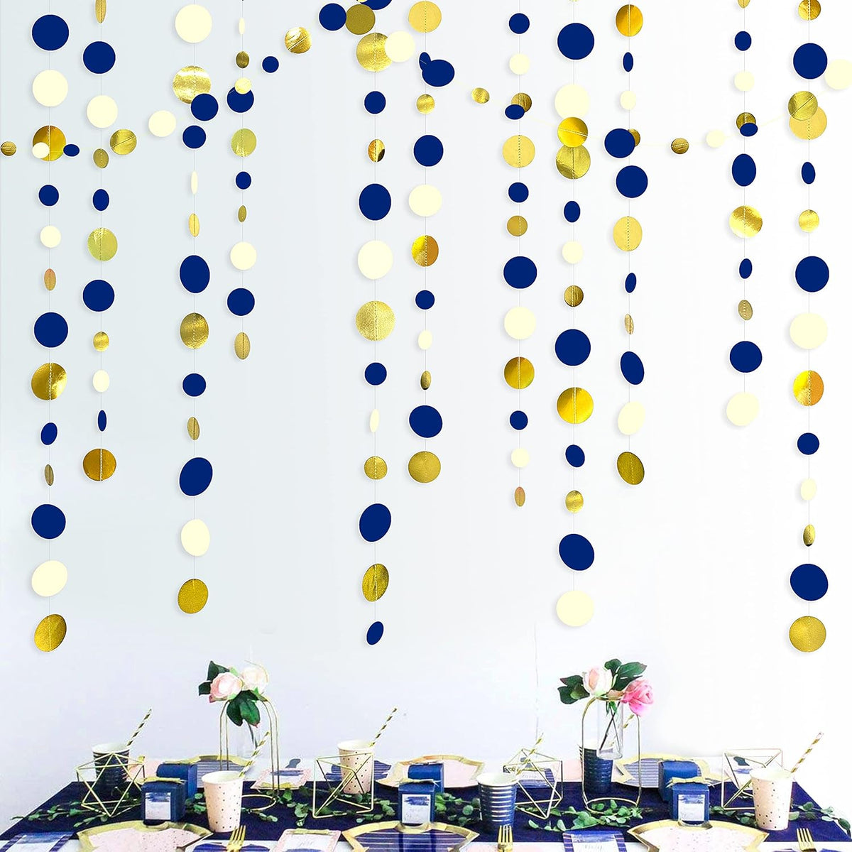 46 Ft Navy Blue and Gold Circle Dots Garland Royal Blue Hanging Paper Polka Dot Streamer for