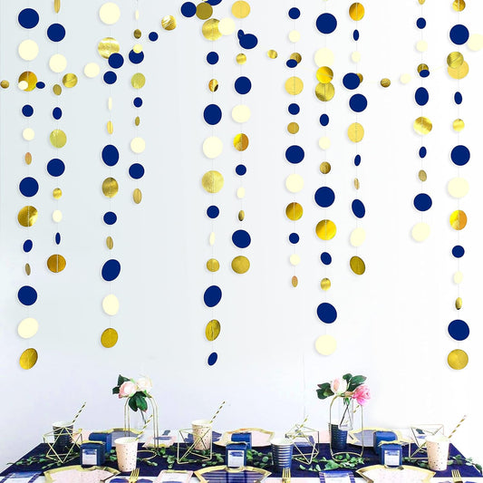 46 Ft Navy Blue and Gold Circle Dots Garland Royal Blue Hanging Paper Polka Dot Streamer for