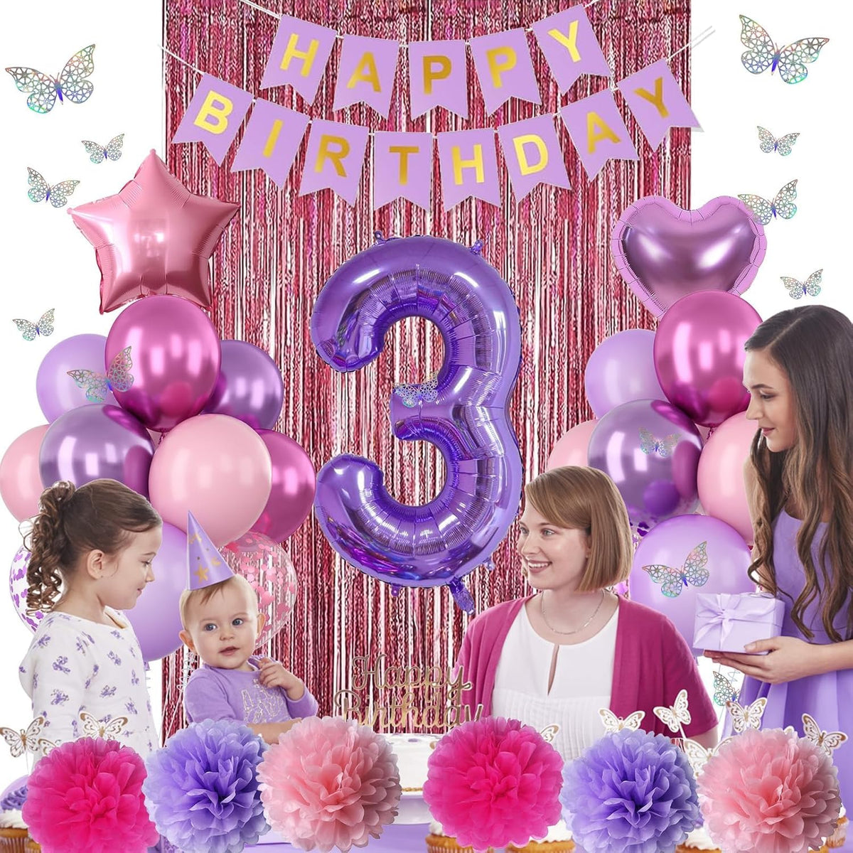 Pink Purple 3rd Birthday Party Decorations for Girls Number 3 Balloon Happy Birthday Banner
