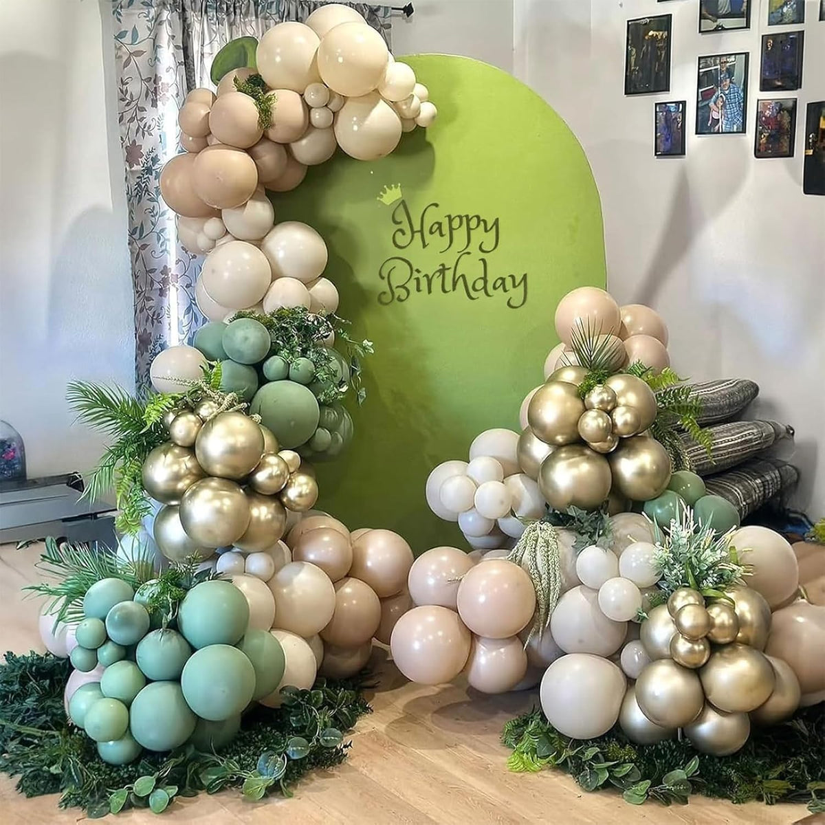 Sage Green Gold Balloons, 60 Pcs 12 Inch Olive Green White Balloons with Metallic Gold Confetti