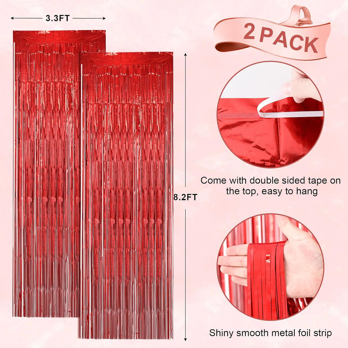 2 Pack Laser Red Foil Fringe Backdrop Curtains, Tinsel Streamers Birthday Party Decorations, Fringe