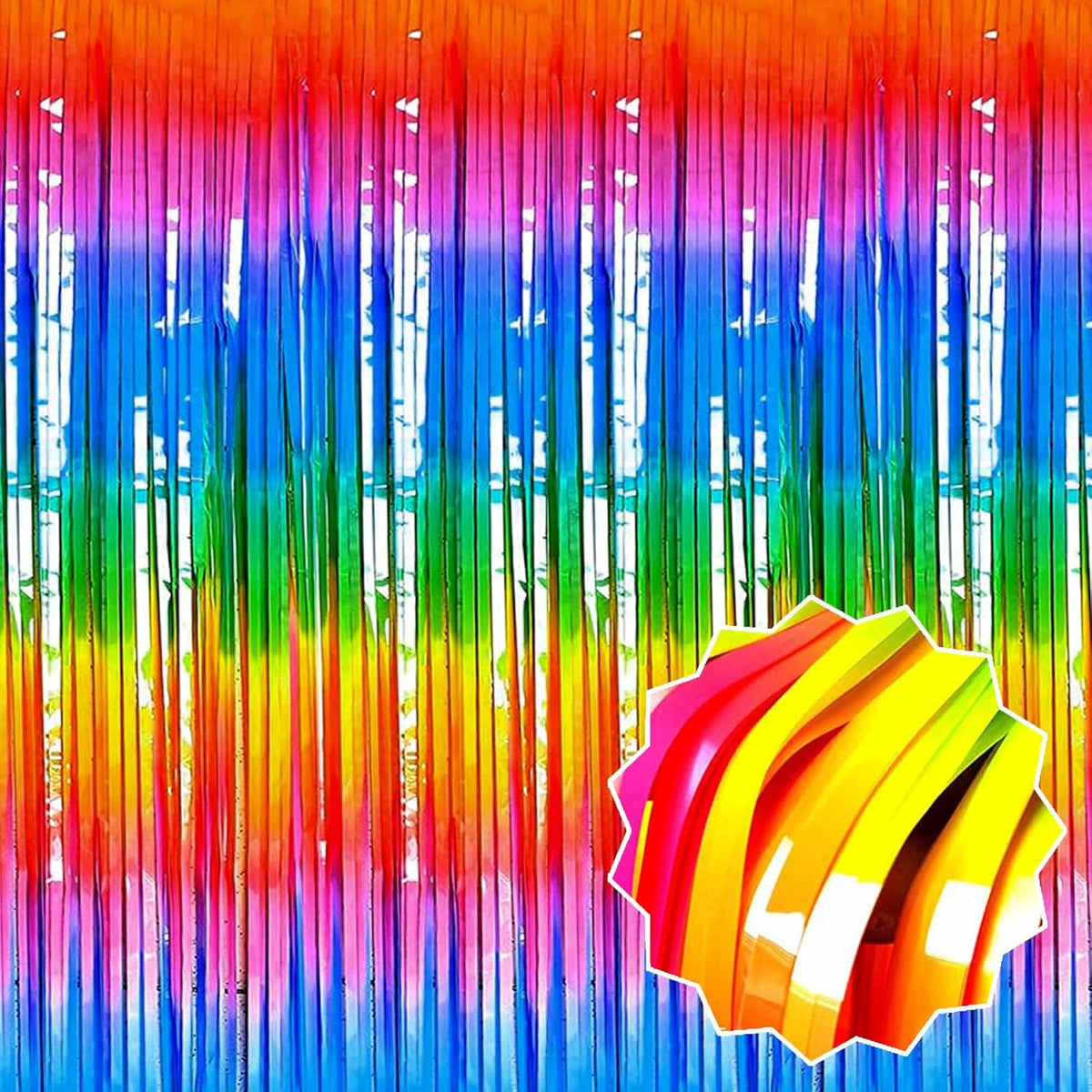 6 Pack Dark Rainbow Foil Fringe Curtains Backdrop, 3.28 x 8.2 Ft Metallic Streamers Tinsel Curtains