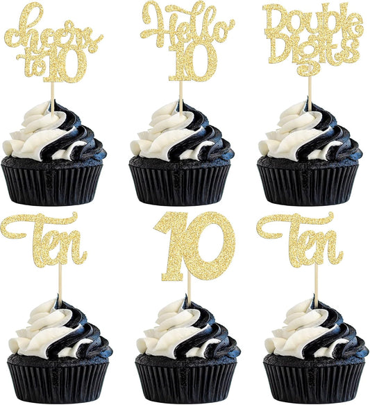30Pcs 10th Birthday Cupcake Toppers Ten Double Hello 10 Cupcake Picks Cheers to 10 Years Old Cake