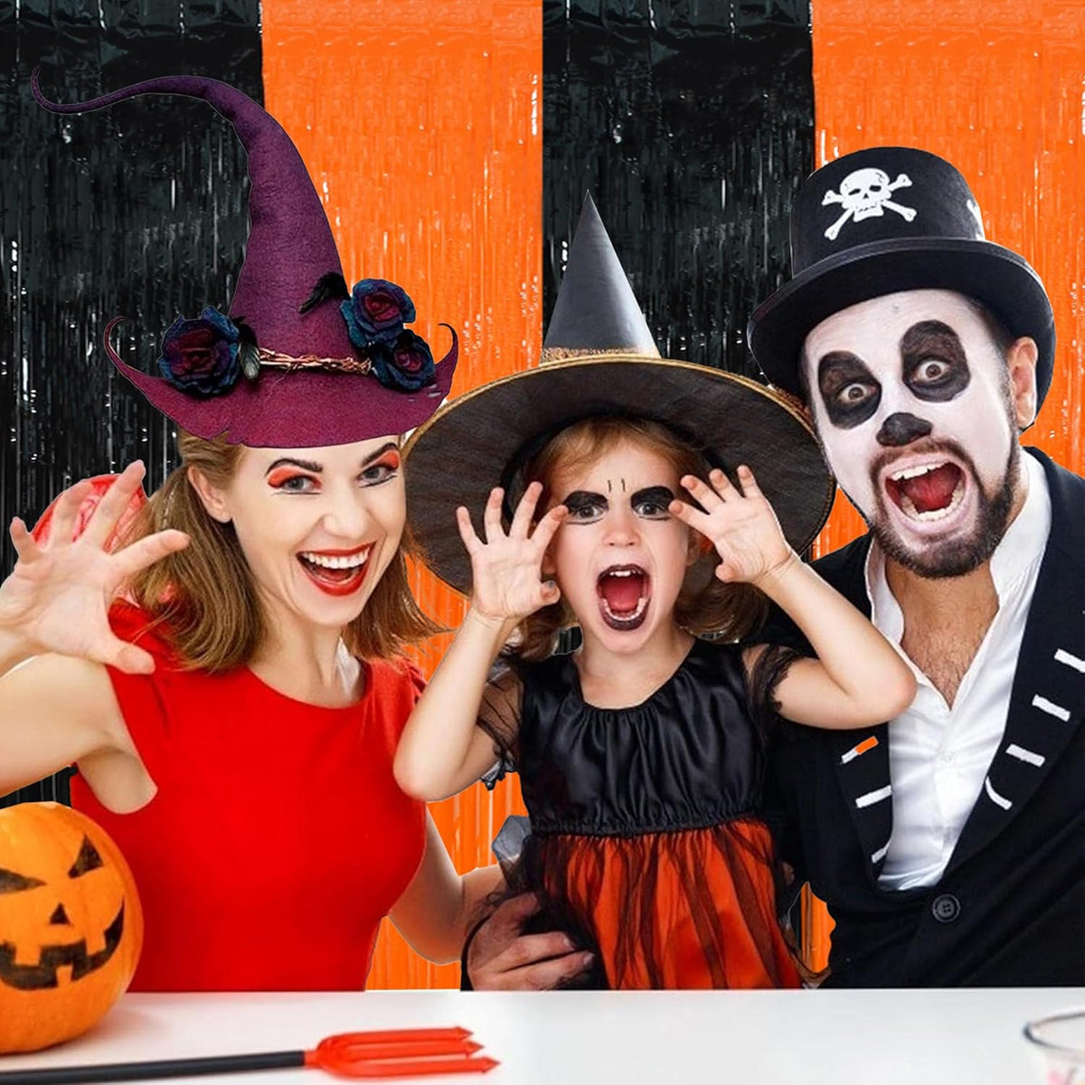 BEISHIDA 2Pcs Orange Black Door Streamer Happy Halloween Backdrop Pumpkins Foil Fringe Tinsel Horry
