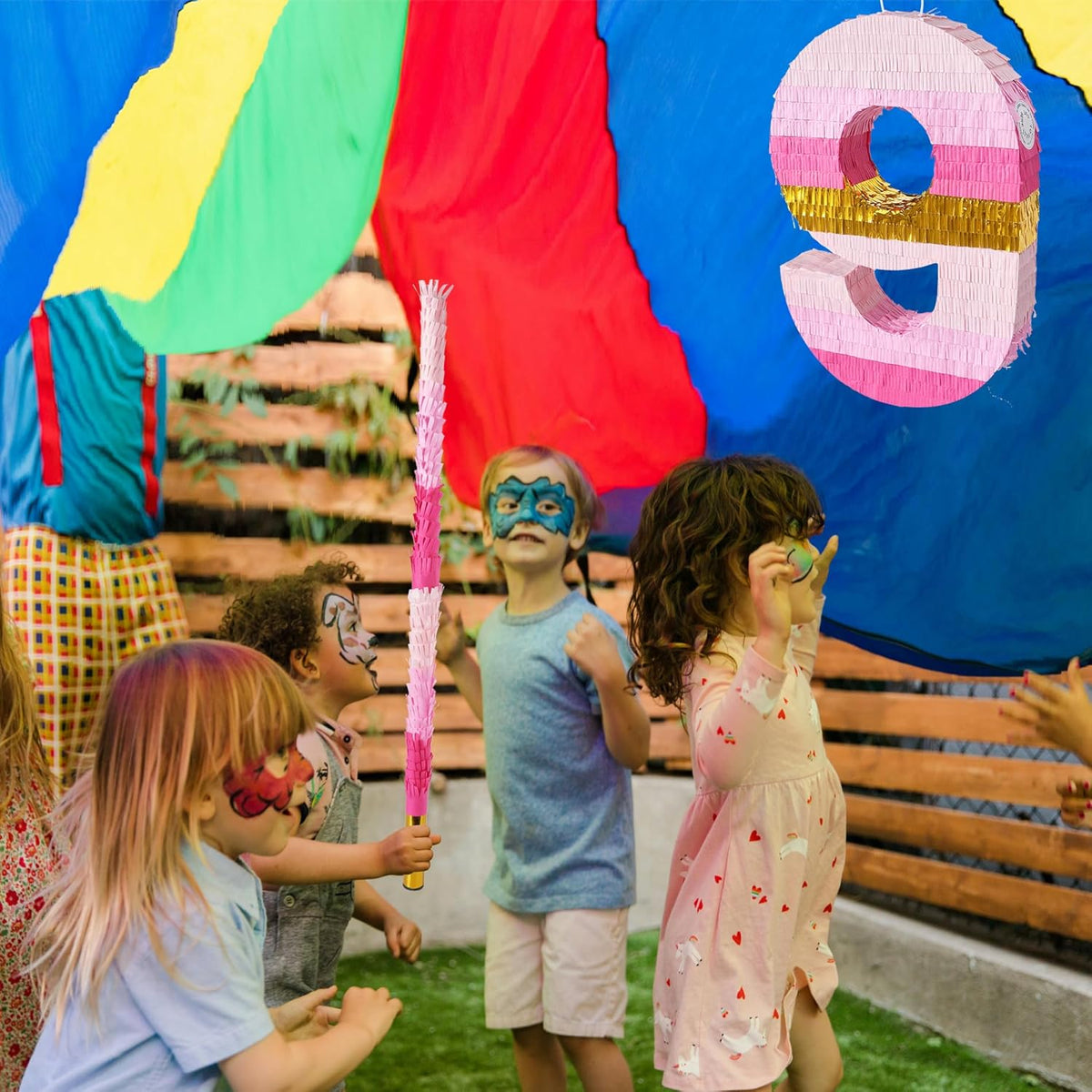 PCFING 20 Inch Number 9 Piñata Pink Gold with 30 Inch Piñata Stick Blindfold Confetti for Boys