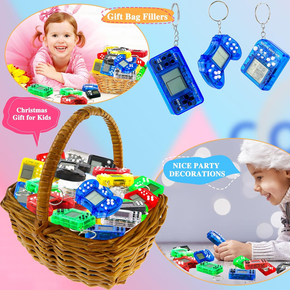 36 Pack Video Game Keychain Mini Square Handheld Video Game Key Chain for Kids Birthday Video Game