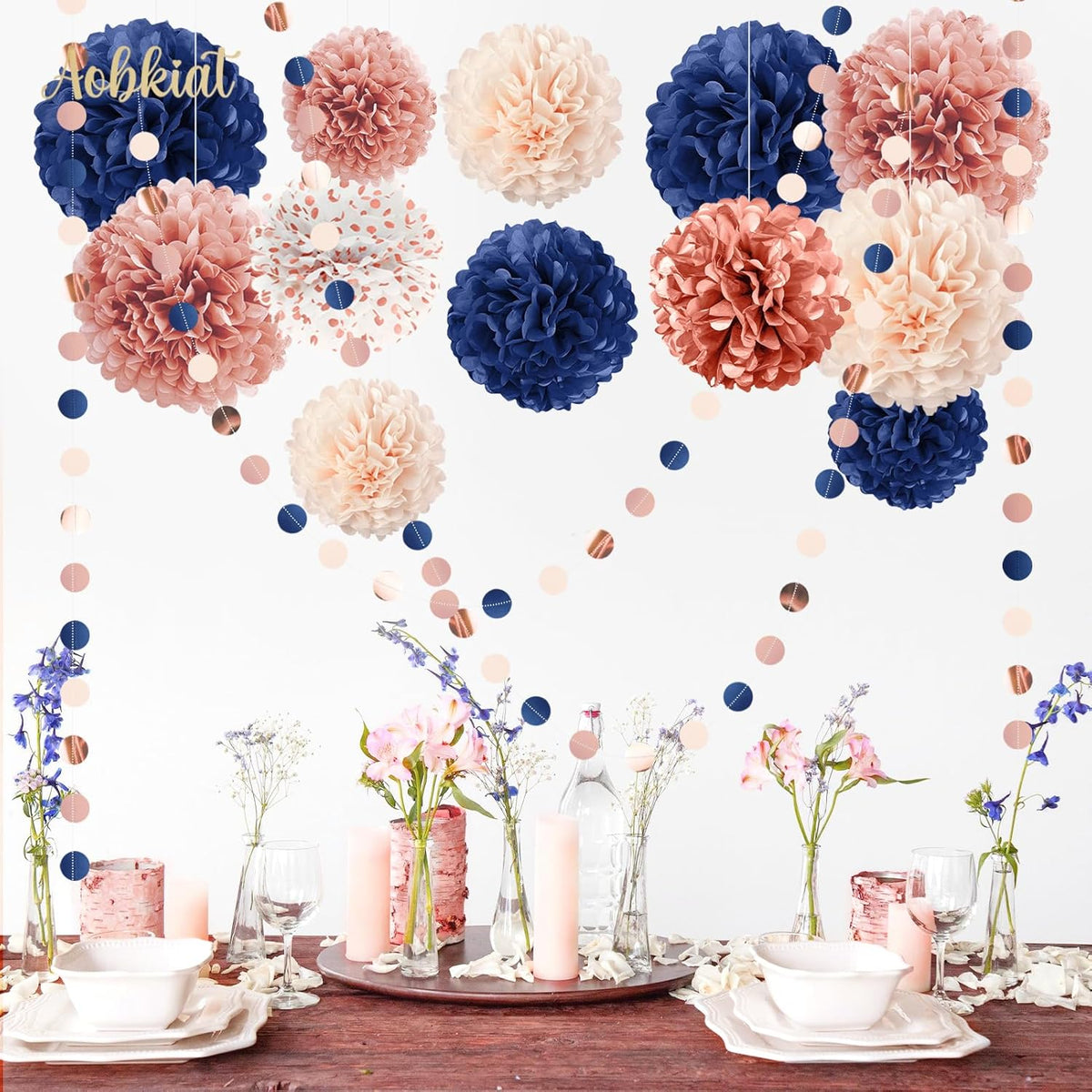 AOBKIAT Rose Gold and Navy Blue Party Decorations Set,Tissue Paper Pom Poms,Paper Garland for Women