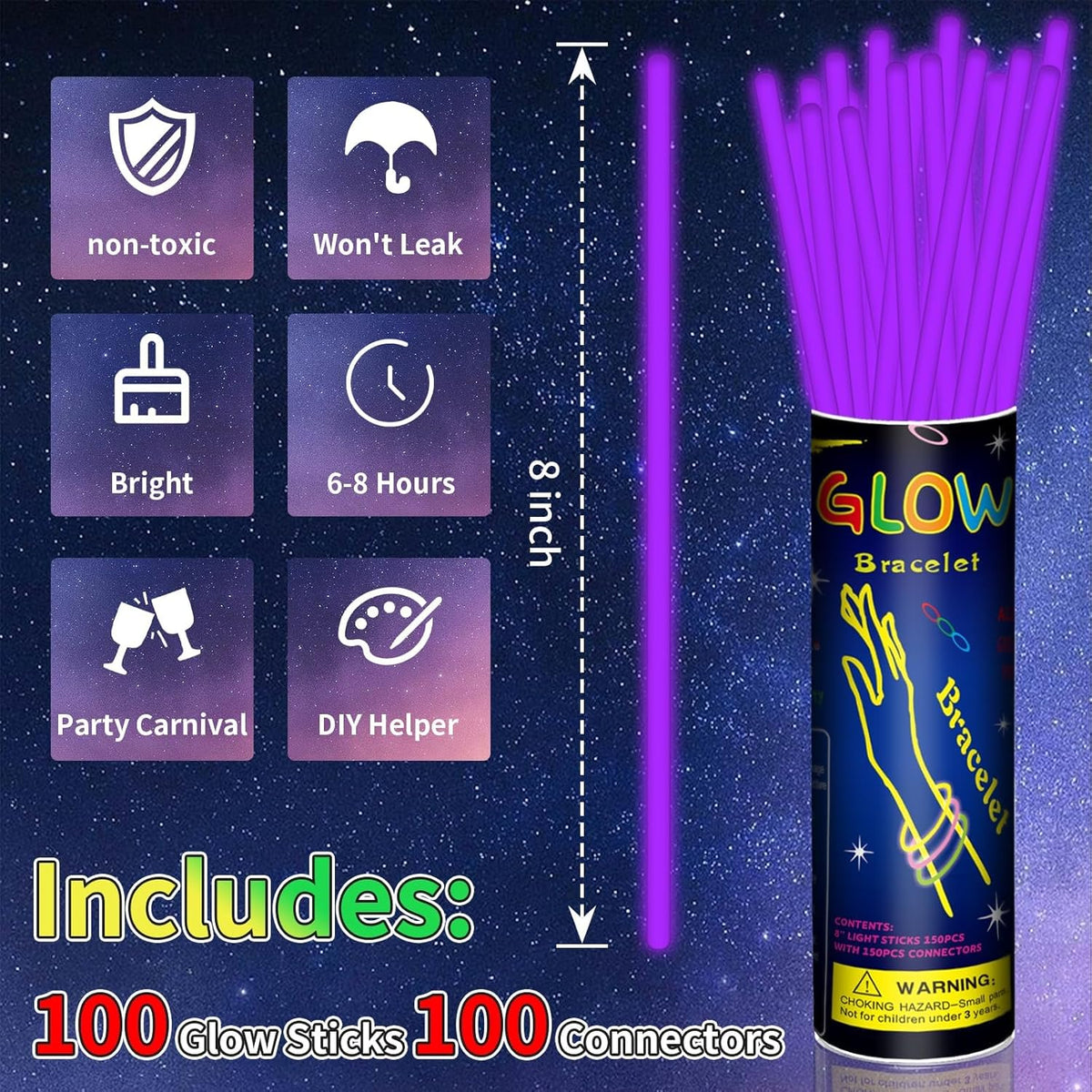 100 Pack 8” Purple Glow Sticks Bulk with 100 Connectors Neon Glow In The Dark Party favors Supplies