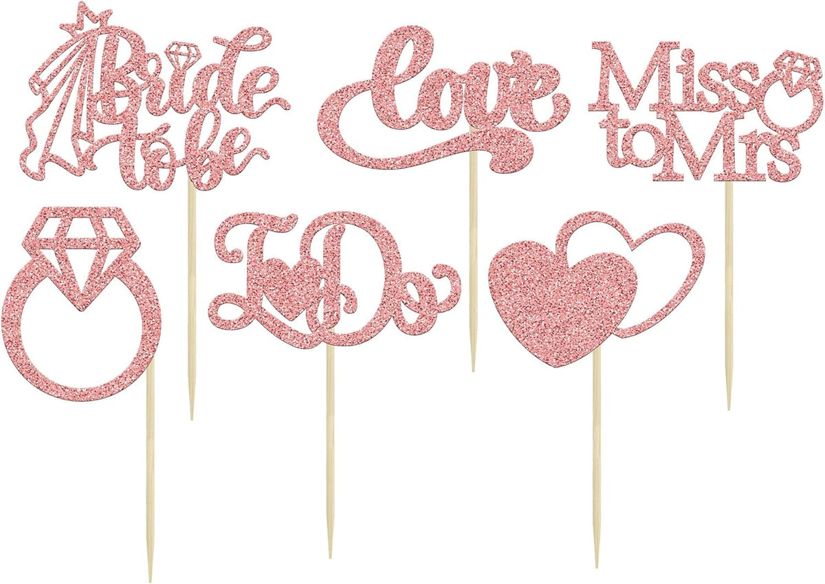 Gyufise 24Pcs Bride to Be Cupcake Toppers Rose Gold Glitter I Do Love Heart Ring Miss To Mrs