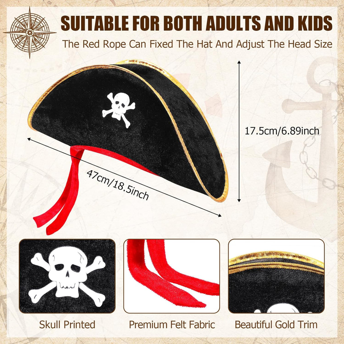 Hsei Halloween Pirate Hat Skull Print Captain Costume Caps Party Accessories Hats for Cosplay
