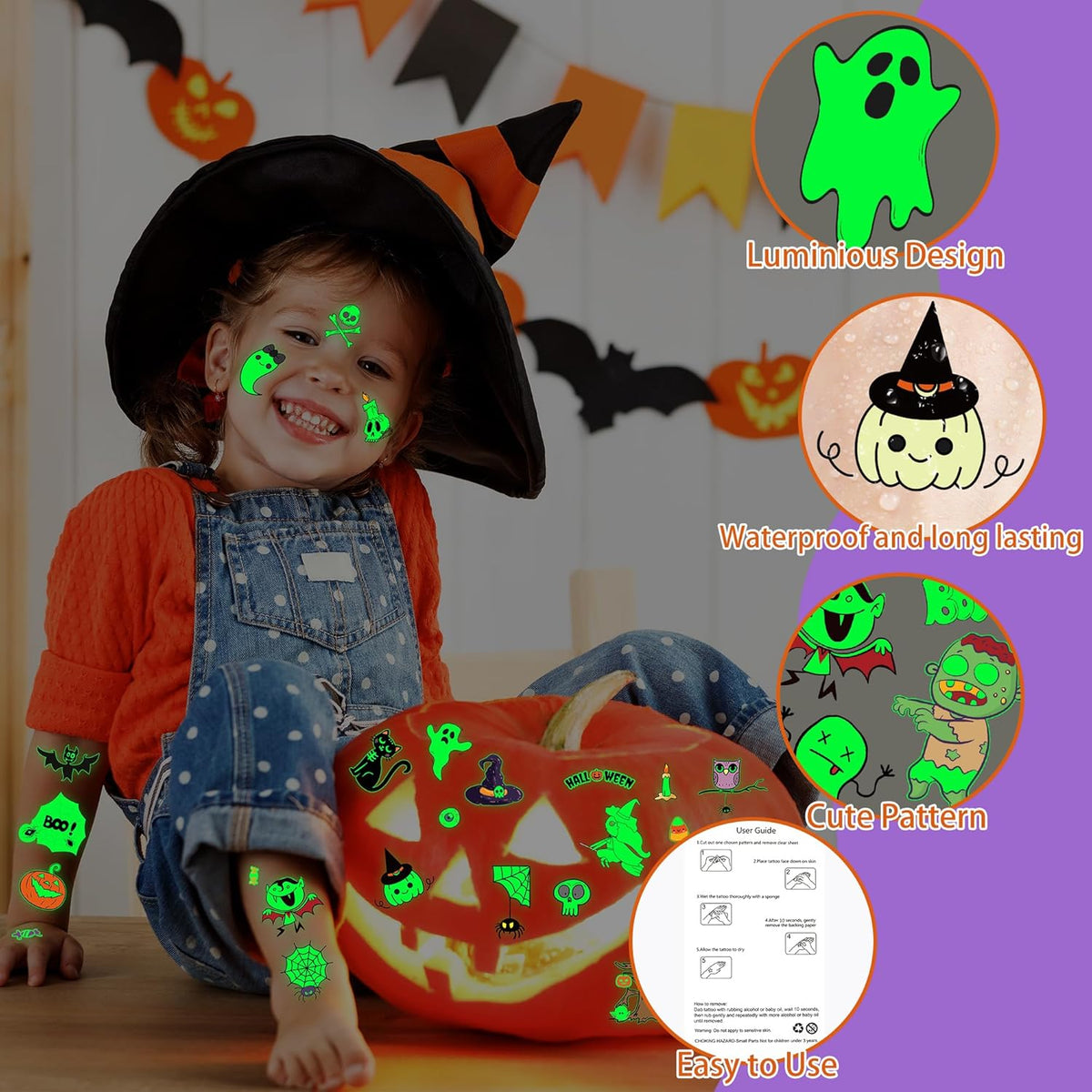 145 Styles Halloween Tattoos for Kids, 12PCS Halloween Luminous Tattoos, Glow in Dark Ghosts